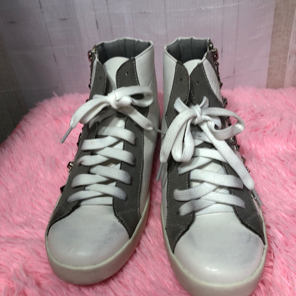 Vans Rebels Shoes Heart Sk8 Hi Zip White And Silver Hi Top - Kids Girl's Size 10